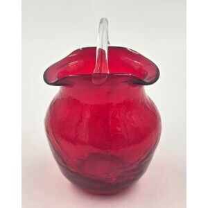 Vintage Rainbow Crackle Glass Ruby Red Hand Blown Ruffle Edge Vase Basket USA